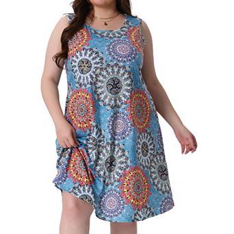 Plus Size Summer Dress for Women Sleeveless Round Neck Pockets Boho Beach Sundress