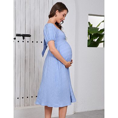 Maternity Dress Summer Women Tie Back Square Neck Short Sleeve Pregnancy Baby Shower Dress