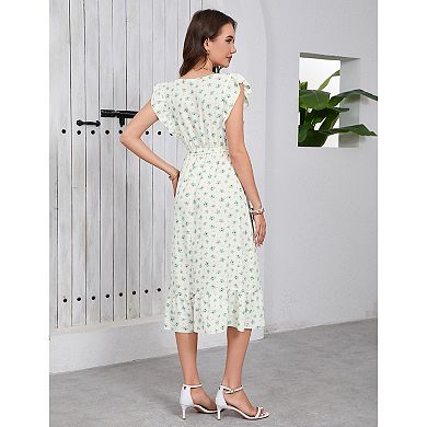 Women's Cross Neck Flying Sleeve Ruffle Floral Dress Midi Dress With Belt