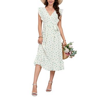 Women's Cross Neck Flying Sleeve Ruffle Floral Dress Midi Dress With Belt
