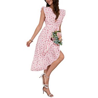 Women's Cross Neck Flying Sleeve Ruffle Floral Dress Midi Dress With Belt