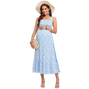 Women's Maternity Dress Boho Spaghetti Strap Square Neck Floral Casual Ruffle Nursing Maxi Dress
