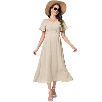Women's Maternity Dress Summer Square Neck Smocked Long Dress Short Baby Shower Pregnancy