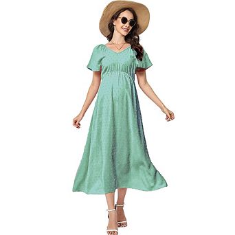 Women's Maternity Dress Summer Square Neck Smocked Long Dress Short Baby Shower Pregnancy