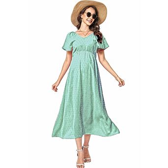 Women's Maternity Dress Summer Square Neck Smocked Long Dress Short Baby Shower Pregnancy