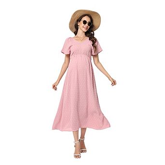 Women's Maternity Dress Summer Square Neck Smocked Long Dress Short Baby Shower Pregnancy
