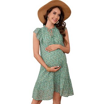 Women's Maternity Mini Dress V Neck Flutter Sleeve Boho Floral Flowy Babydoll Shift Short Dress