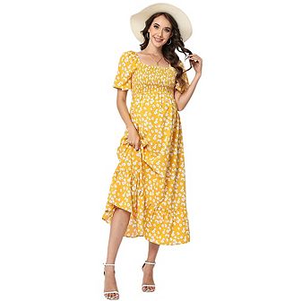 Maternity Maxi Dress Square Neck Baby Shower Pregnancy Dresses for Photoshoot Summer Casual Boho