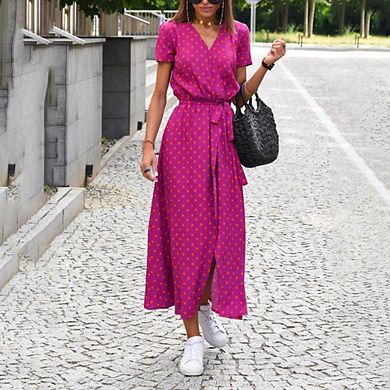 Summer Dresses for Women Trendy Midi Print with Strap V Neck Short Sleeve Slit Loose Fashion Dress