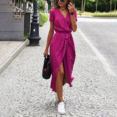 Summer Dresses for Women Trendy Midi Print with Strap V Neck Short Sleeve Slit Loose Fashion Dress