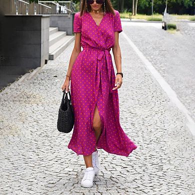 Summer Dresses for Women Trendy Midi Print with Strap V Neck Short Sleeve Slit Loose Fashion Dress