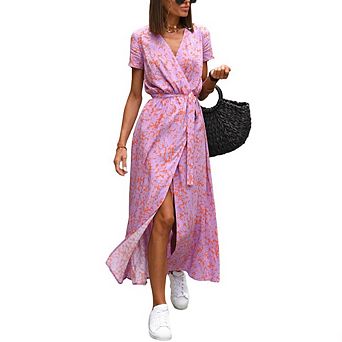 Summer Dresses for Women Trendy Midi Print with Strap V Neck Short Sleeve Slit Loose Fashion Dress
