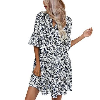 Womens Dress with Flutter Bell Sleeves V Neck Flowy Sundress Flounce Midi Tiered Floral Dress