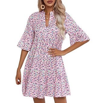 Womens Dress with Flutter Bell Sleeves V Neck Flowy Sundress Flounce Midi Tiered Floral Dress