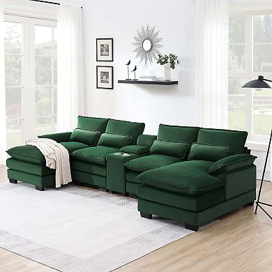 Mondawe U-shaped Sofa with Console, Cupholders and USB Ports, 6-seat Upholstered Sleeper Couch Set