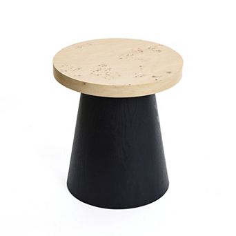 LuxenHome Light Wood Finish Top with Black Base Manufactured Wood Round Side Table
