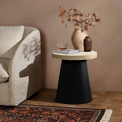 LuxenHome Light Wood Finish Top with Black Base Manufactured Wood Round Side Table