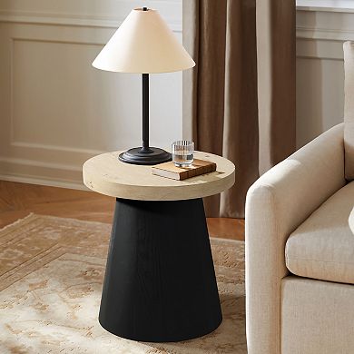 LuxenHome Light Wood Finish Top with Black Base Manufactured Wood Round Side Table