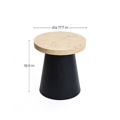 LuxenHome Light Wood Finish Top with Black Base Manufactured Wood Round Side Table