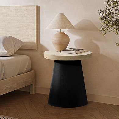 LuxenHome Light Wood Finish Top with Black Base Manufactured Wood Round Side Table