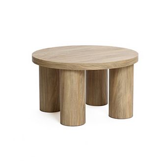 LuxenHome Oak Finish Manufactured Wood Round Coffee Table with 4 Pillar Legs
