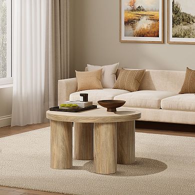 LuxenHome Oak Finish Manufactured Wood Round Coffee Table with 4 Pillar Legs