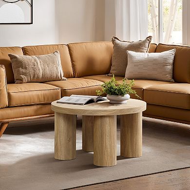 LuxenHome Oak Finish Manufactured Wood Round Coffee Table with 4 Pillar Legs