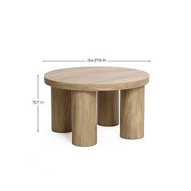 LuxenHome Oak Finish Manufactured Wood Round Coffee Table with 4 Pillar Legs