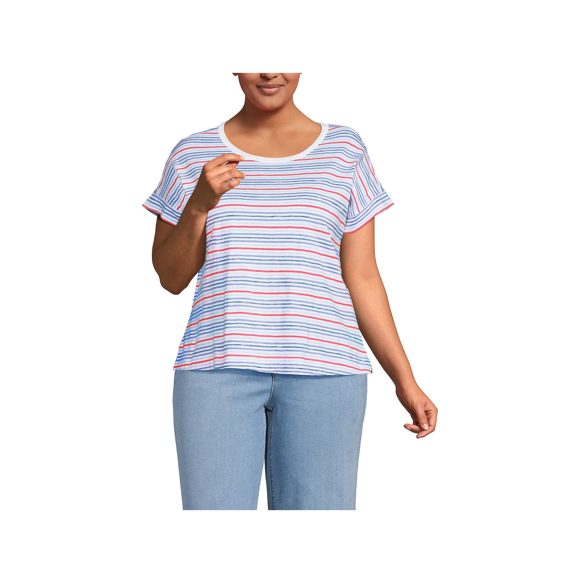 Plus Size Lands End Slub T-Shirt, Womens, Size: 1XL, Bermuda Blue Stripe