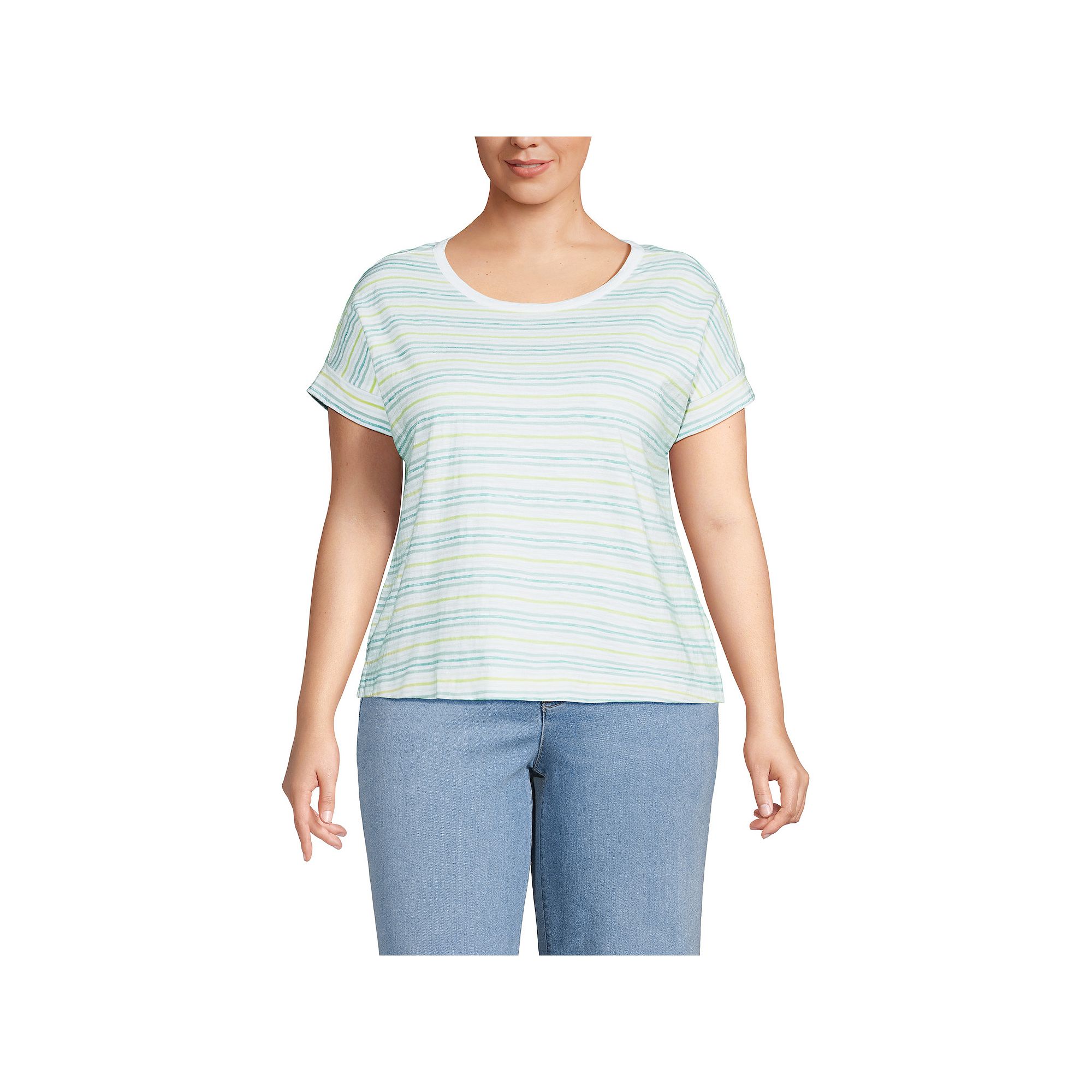 Plus Size Lands End Slub T-Shirt, Womens, Size: 1XL, Misty Blue Stripe