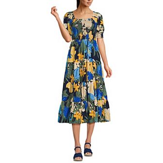 Women's Lands' End Smocked Midi Puff Sleeve Dress
