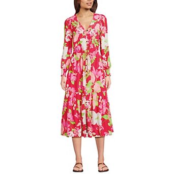 Women's Lands' End Button Front Long Sleeve Midi Dress