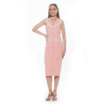 Women's ALEXIA ADMOR Contrast Collar Button Down Midi Sheath Dress