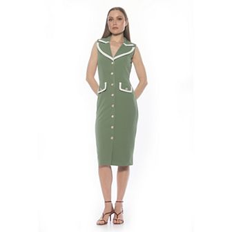 Women's ALEXIA ADMOR Contrast Collar Button Down Midi Sheath Dress
