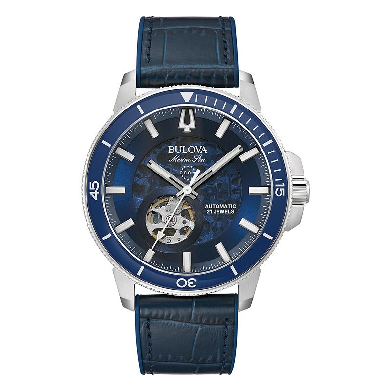 Bulova Men's Marine Star Stainless Steel Exhibition Dial Leather Strap Watch - 96A291, Size: 45MM, Blue