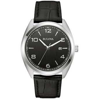 Bulova Men's Classic Stainless Steel Black Leather Strap Watch - 96B453