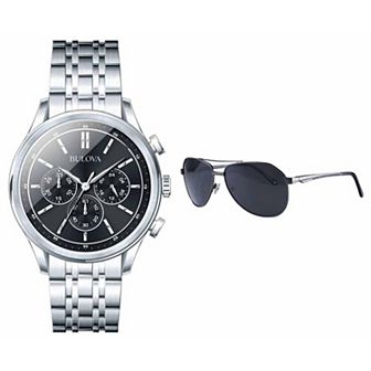 Bulova Men's Classic Stainless Steel Chronograph Dial Bracelet Watch & Sunglass Box Set - 96K107