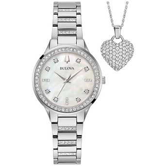 Bulova Women's Stainless Steel Crystal Accent Bracelet Watch & Crystal Heart Necklace Box Set - 96X162