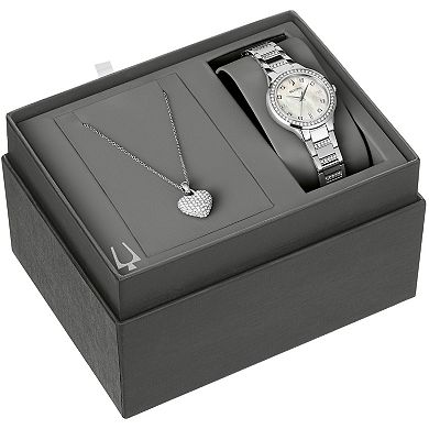 Bulova Women's Stainless Steel Crystal Accent Bracelet Watch & Crystal Heart Necklace Box Set - 96X162