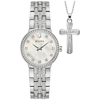 Bulova Women's Stainless Steel Crystal Accent Bracelet Watch & Crystal Cross Necklace Box Set - 96X163