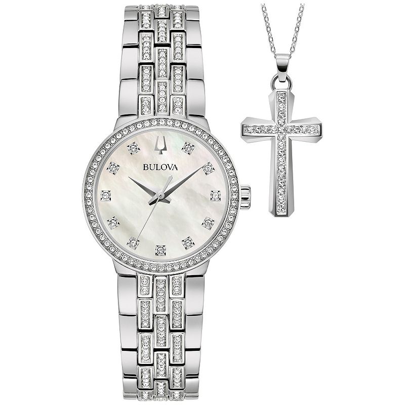 Bulova Women's Stainless Steel Crystal Accent Bracelet Watch & Crystal Cross Necklace Box Set - 96X163, Size: 28 mm, White
