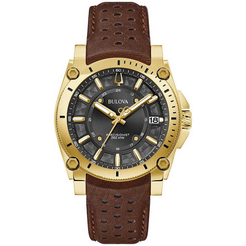 Bulova Men's Icon Precisionist Gold Tone Stainless Steel Brown Leather Strap Watch - 97B216, Size: 40 mm, Black