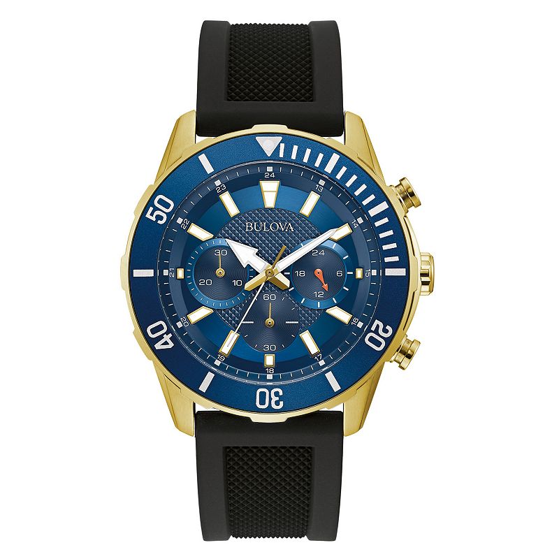 Bulova Men's Classic Gold Tone Stainless Steel Chronograph Dial Silicone Strap Watch - 98A244, Size: 44MM, Blue