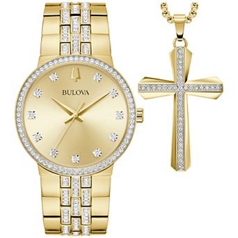 Bulova Men's Gold Tone Stainless Steel Crystal Accent Bracelet Watch & Crystal Cross Necklace Box Set - 98K113