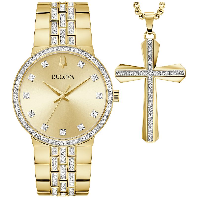 Bulova Men's Gold Tone Stainless Steel Crystal Accent Bracelet Watch & Crystal Cross Necklace Box Set - 98K113, Size: 40 mm, Yellow