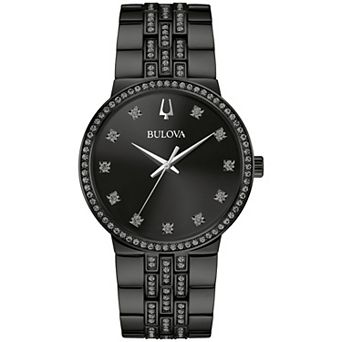 Bulova Men's Black Ion-Plated Stainless Steel Crystal Accent Bracelet Watch & Crystal Cross Necklace Box Set - 98K116