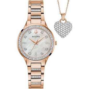 Bulova Women's Rose Gold Tone Stainless Steel Crystal Accent Bracelet Watch & Crystal Heart Necklace Box Set - 98X132