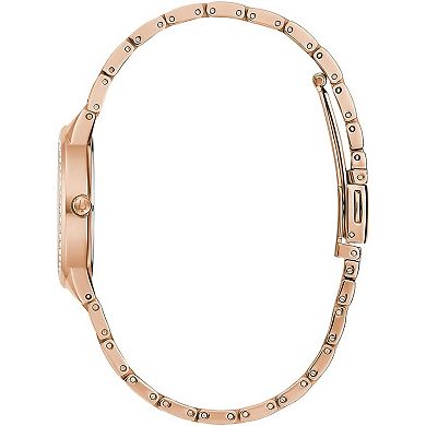 Bulova Women's Rose Gold Tone Stainless Steel Crystal Accent Bracelet Watch & Crystal Heart Necklace Box Set - 98X132
