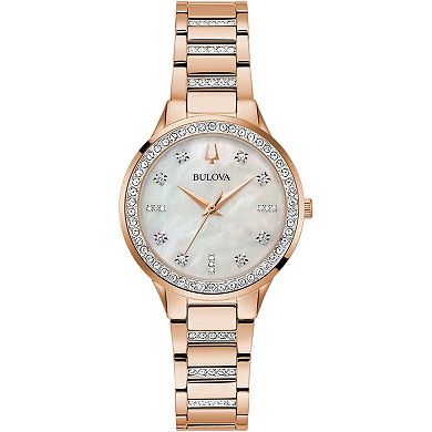 Bulova Women's Rose Gold Tone Stainless Steel Crystal Accent Bracelet Watch & Crystal Heart Necklace Box Set - 98X132