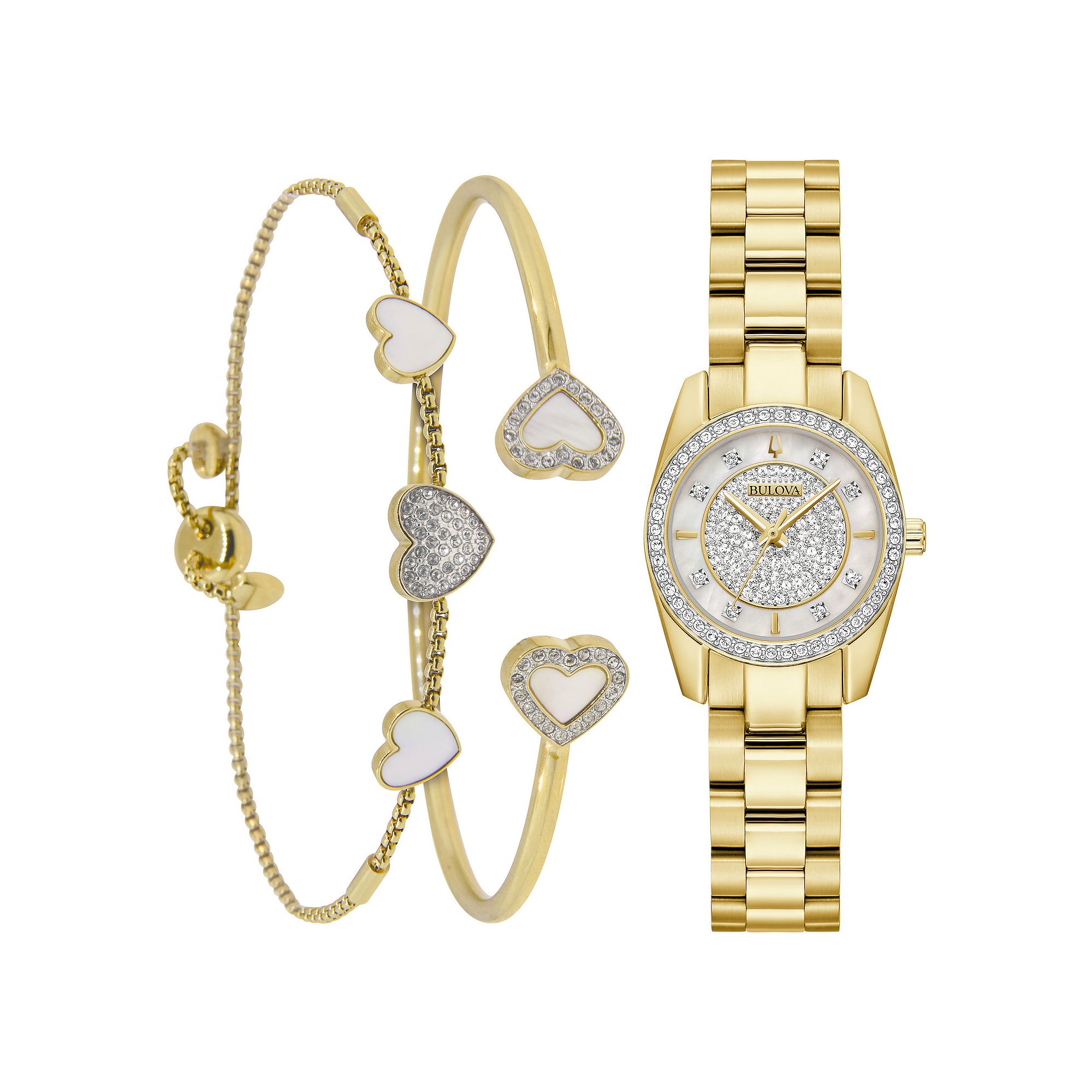 Bulova Womens Gold-Tone Crystal Accent Watch & Heart Bracelet Set – 98X1